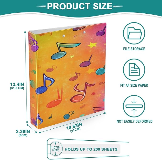 Music Themed Notes Decorative 3 Ring Binder 1.5 Inch Large View Binders with Pockets Holds 200 Sheets File Organizer for Office College School, 2 Pack