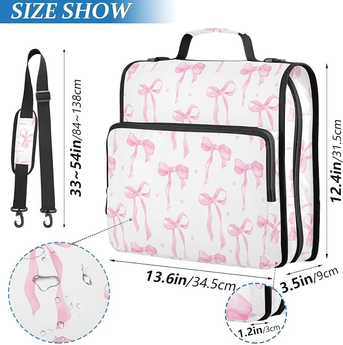 3 D-Ring Zipper Binder Bag, Pink Ribbons Bows Pattern Removable Binder with Zipper Case Hold 300+ Sheets& 13 Inch Laptop for School Office Supplies Organizer