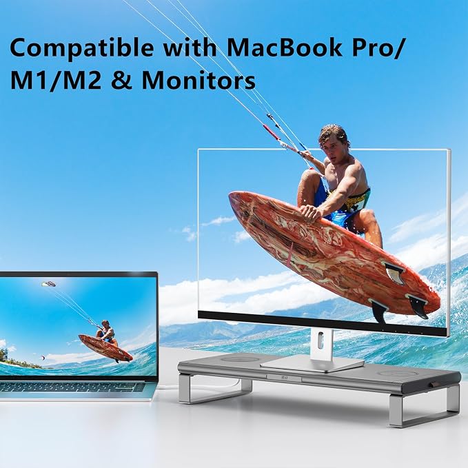 JINRAIKO Monitor Stand with Docking Station, Aluminum Monitor Riser with 6-in-1 Docking Station: 4K HDMI, USB-C, USB 3.0, PD 100W, Wireless Charging,Metal Desk Stand with Storage-Silver Gray