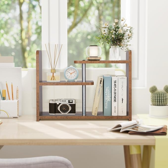 Desktop Organizer,Office Storage Rack,Wood Small Bookshelf,Brown | Display Shelf,Office Shelf,Desk Organizer Small Tabletop Hutch for Office,Dorm,Living Room,Counter Top