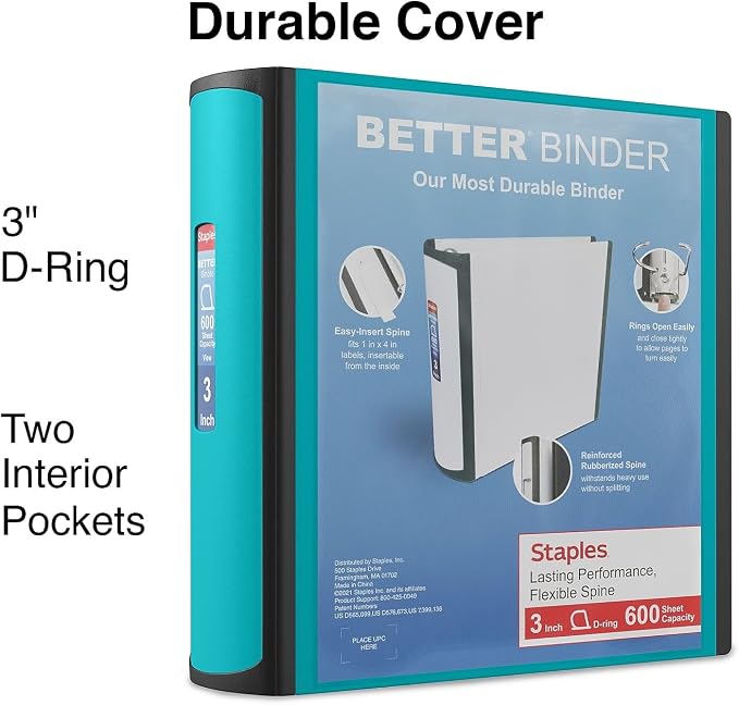 Staples Better Binder, 3-Inch 3-Ring View, Light Blue, 2-Pack | Durable binder for office and school document organization and storage.