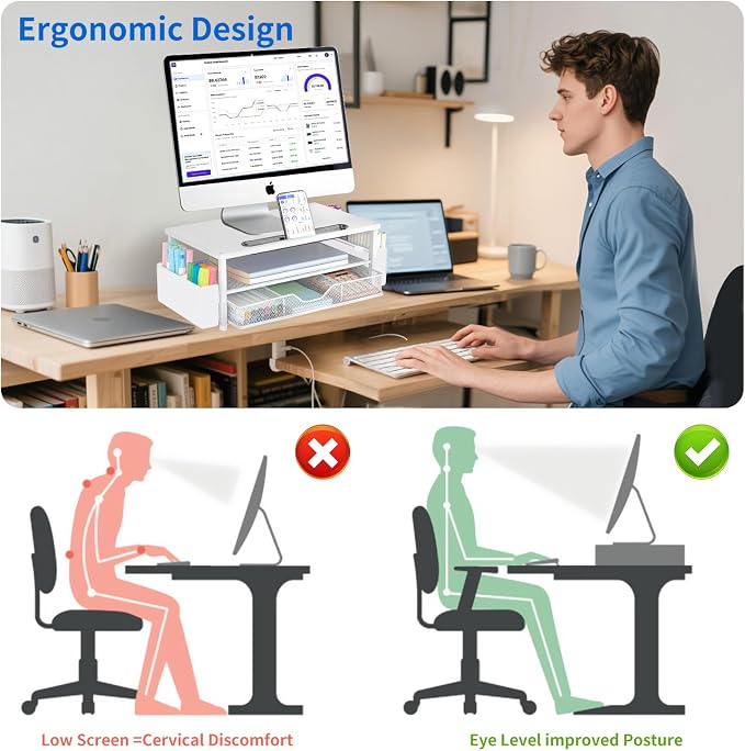 AUPSEN White Monitor Stand Riser, 2-Tier Wood Computer Desk Organizer with Drawer, Pen Storage & Phone Holder, Office Desk Accessories Desktop Organizer for Office Supplies (White)