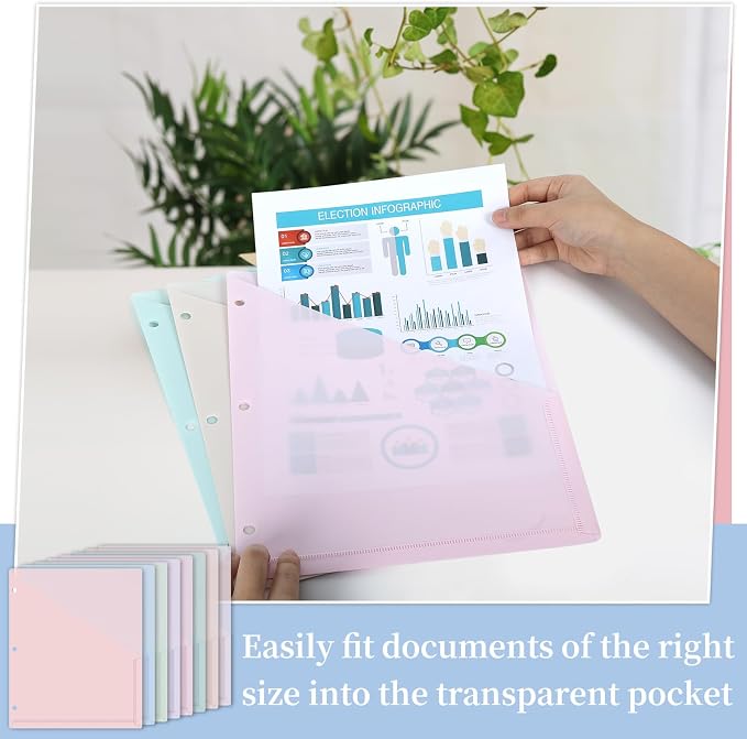 48 Pack Binder Pockets for 3 Ring Clear Pocket Divider Folders for 3 Hole Binders Sleeves Plastic Slash File Jacket for Office School Classroom Business Home Organizer, 9.25" x 11.22" (Pastel)