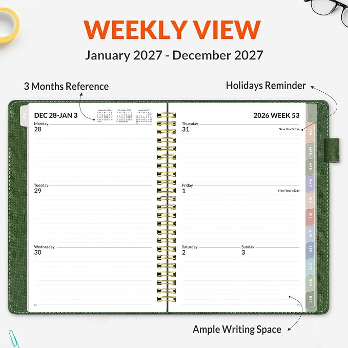 SUNEE 2027 Weekly & Monthly Planner 6.2"x8.5"- 12 Month (January 2027 - December 2027), Vegan Leather Cover, Pocket, Bookmark, Notes, Monthly Tab, Deep Green