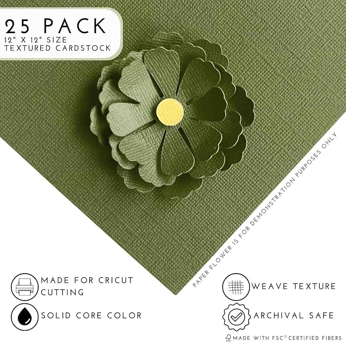 PESTO GREEN—12x12 Textured Cardstock | 80lb Textured Green Scrapbook Paper | Premium Cardstock for Cricut Cutting | 25 Sheets