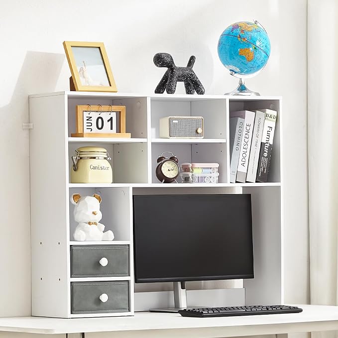 VEVOR Desktop Bookshelf, 3-Tier Desktop Storage Organizer, 37" x 10" x 31.1" Office Storage Rack Wood Display Shelf, Desktop Bookshelf Hutch with 2 Fabric Drawers, for Office, Home & Dorm, White