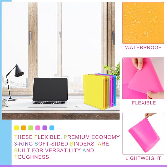 Fulmoon 12 Pcs 1 Inch 3 Ring Binders with 2 Interior Pockets Fits Letter Size Paper 8.5'' x 11'', Clear View 1-inch Three Ring Binders for School Office Business Supplies(Multicoloured)