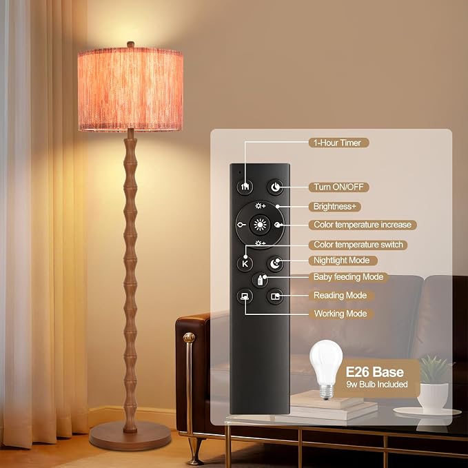 Wood Floor Lamps for Living Room Boho Farmhouse Floor Lamp with Remote Control,Dimmable Vintage Floor Lamp Mid Century Modern Standing Lamp with 3 Color Temperature Tall Floor Lamps For Bedroom Corner