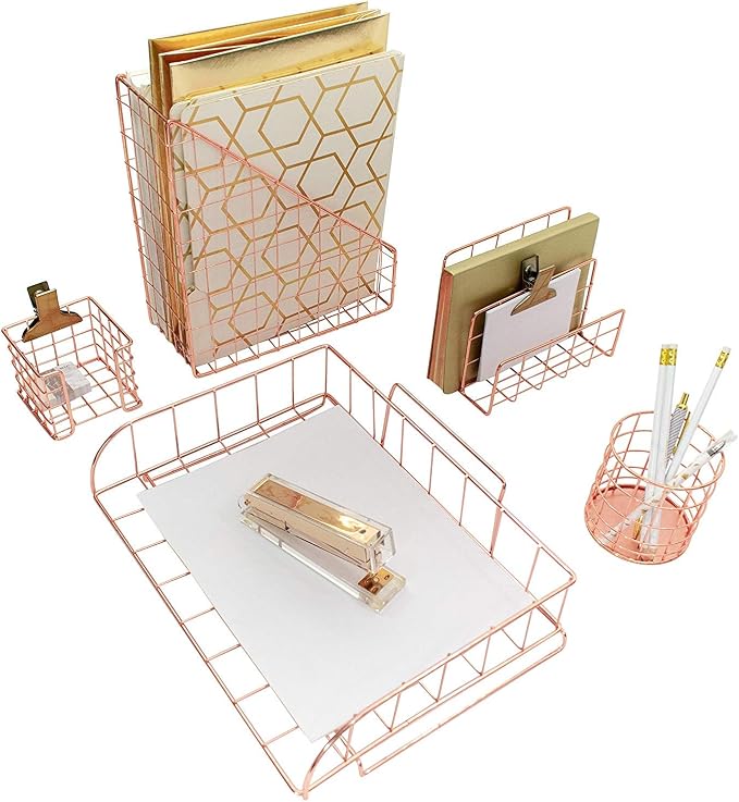 BLU MONACO | Rose Gold Desk Organizer Set 5 Piece | Mail Sorter Organizer Countertop with Letter Sorter for Desk | Standing File Organizer for Desk with Mesh Pen Holders