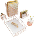 BLU MONACO | Rose Gold Desk Organizer Set 5 Piece | Mail Sorter Organizer Countertop with Letter Sorter for Desk | Standing File Organizer for Desk with Mesh Pen Holders
