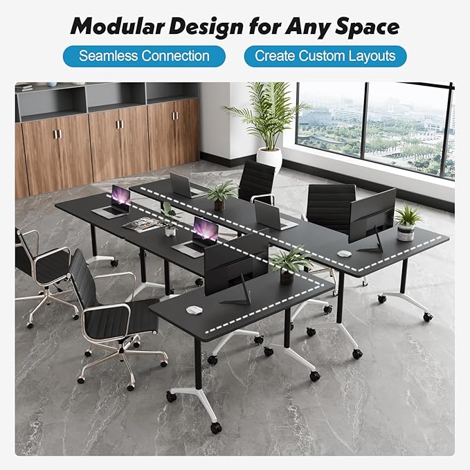 Goakwwuz Conference Room Table, Folding Conference Tables,Thicken Grey Tabletop,Flip Top Wooden Seminar Meeting Room Table for Conference Room Offices (6, Black, 47.2“)