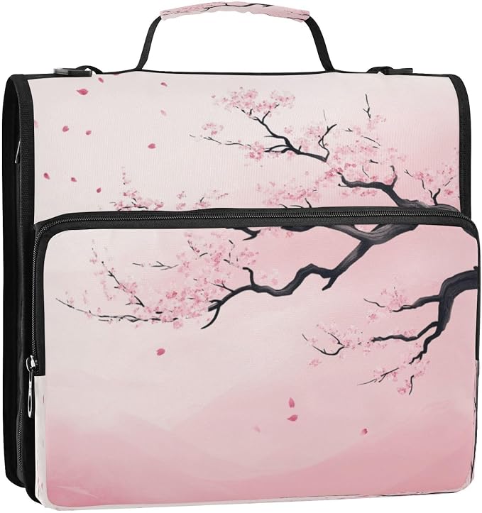 Pink Cherry Blossom 3 D Ring 2 inch Zipper Binder Bag with Strap | Multi-Pocket Portfolio Organizer Case for 13 Inch Laptop Middle School