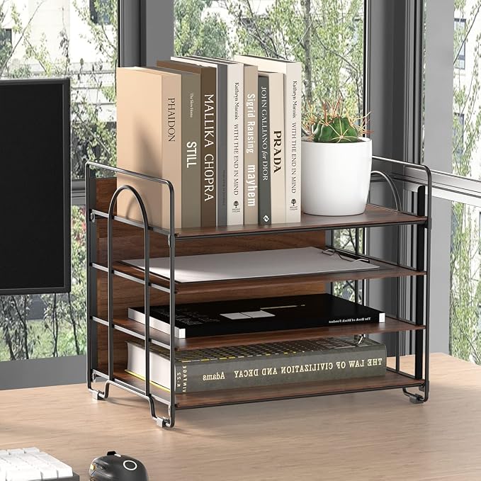 LUCYCAZ 4 Tier Paper Organizer for Desk,Wood Desk Organizer | Metal Paper Tray Organizer, File Organizer for Office Home School, Black
