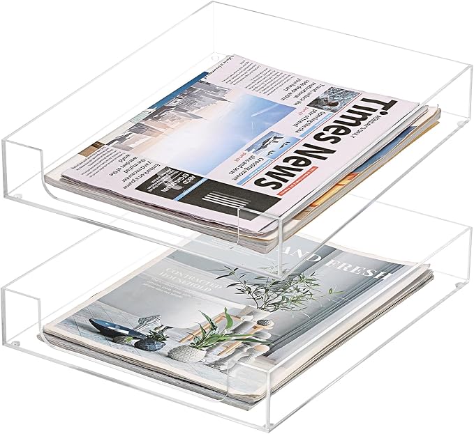 BTSKY 2 Pack Multipurpose A4 File Tray Clear Acrylic Desk Tray Organizer Elegant Letter Size Desk Documents Trays Magazine Files Storage Basket Organizer Bin for Office Cosmetics Bathroom