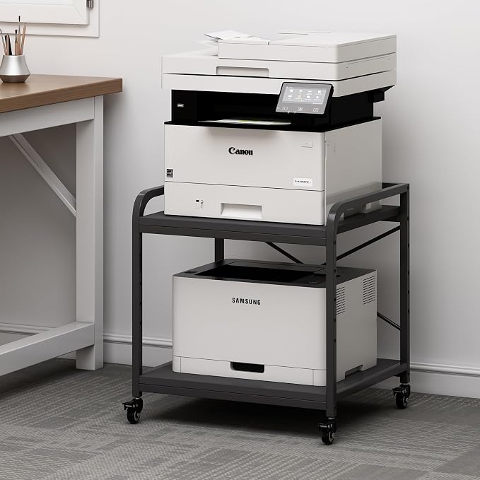 Fannova 2 Tier Under Desk Printer Stand with Storage, 20 Inches Deep Large Printer Table with Height Adjustable Shelf, Rolling Printer Cart with Wheels for Home Office - Black | Large Table Top 20"x20" for 3D/Laser Printer, Heavy Duty Industrial Wheels...