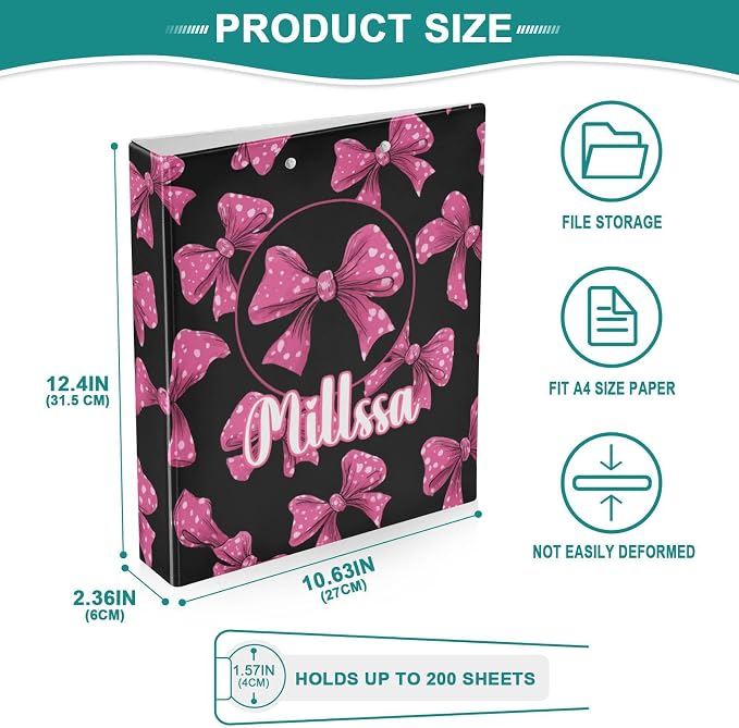 Pink Polka Dot 3 Ring Binder with Clipboard Round Ring Binders Bows Name Custom Binder 3 Interior Clear Pockets for Office Supplies 1 Pack