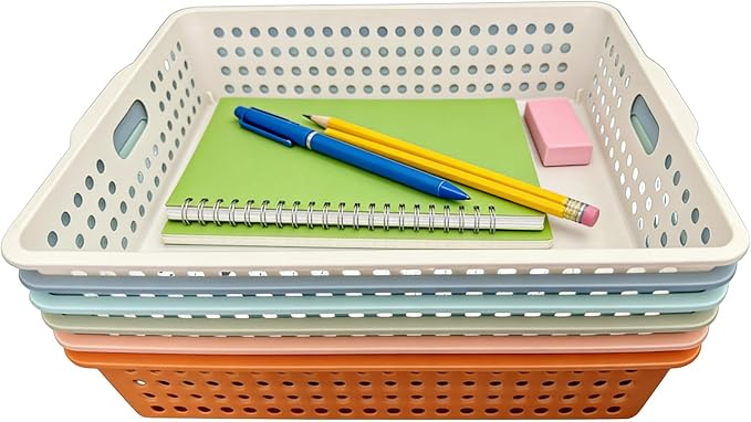 Modern 6-Pack Stackable Paper Trays with Handles, A4 Desktop Document Organizer for Classroom, Office, Homework Collection