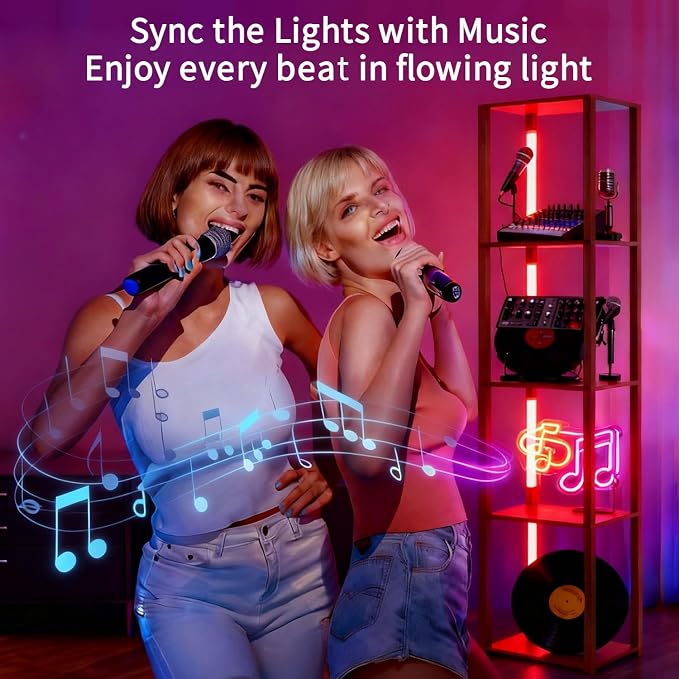 RGBCW Floor Lamp with Shelves, LED Smart Modern Floor Lamp with Music Sync, Color Changing Corner Display Shelf Lamp, Standing Lamp with Shelves for Living Room and Bedroom, Office, Brown