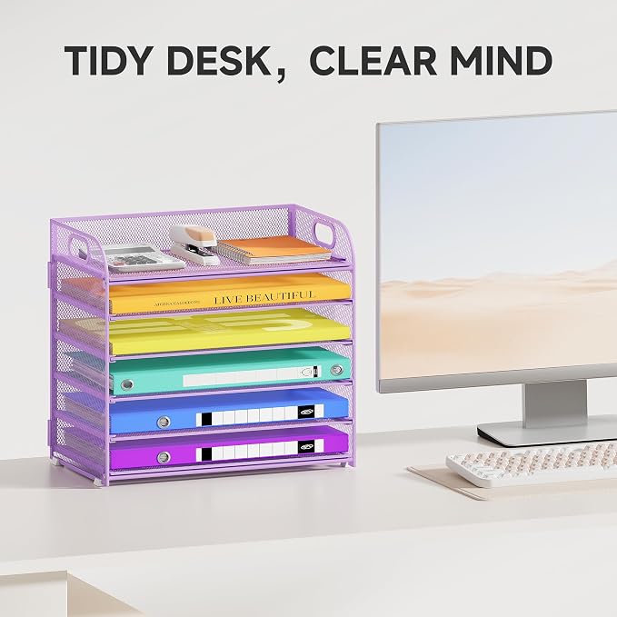 Cawukege 6 Tier Paper Organizer with Handle, Metal Desk Organizer Mesh Paper Letter Tray Desktop File Folder Document Sorter for Classroom, School, Office Accessories Storage (1, 6 Tier - Purple)