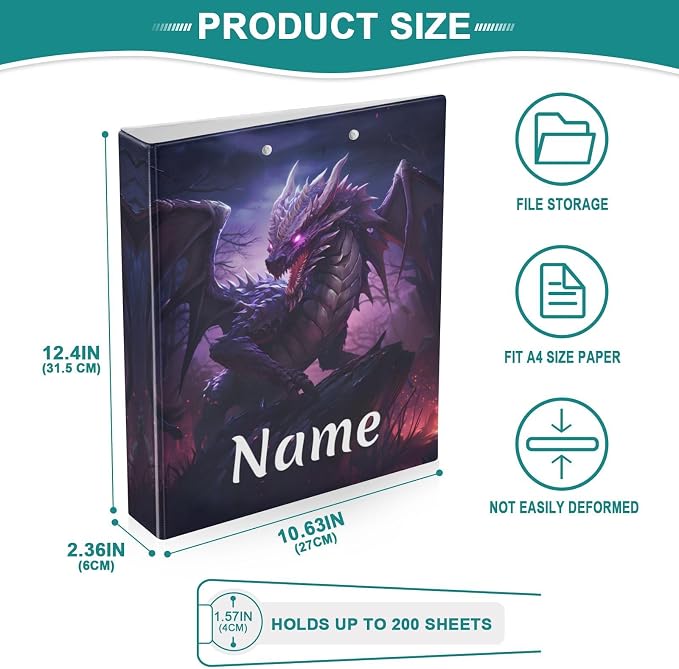 Custom 3 Ring Binder Dragon Purple 1.5" Round Ring Binders Personalized Name View Binder with 200 Sheet for Kids School Supplies Women Men Office, 1 Pack
