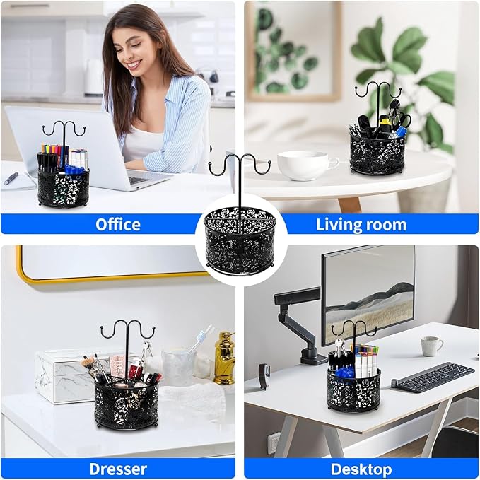 Pen Holder for Desk,360 Degree Rotating Pencil Holder Organizer | 4 Compartments,Large Capacity Pencil Holder for Desk,Metal Rust Prevention Pen Organizers(Pattern of Roses, With Hook)