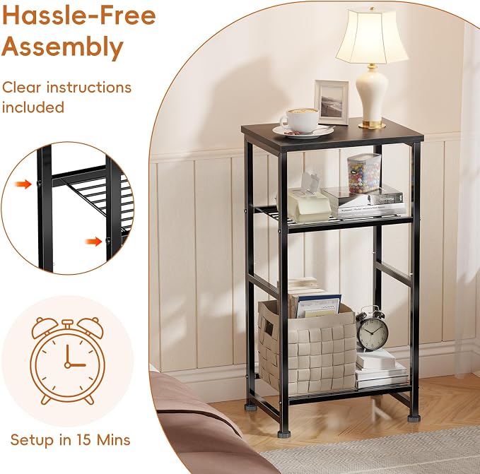 Industrial 3 Tier Printer Stand, Home Printer Wood Table with Wire Storage Shelf for Scanner Fax Machine, Heavy Duty Metal, Black with Burly Wood Board