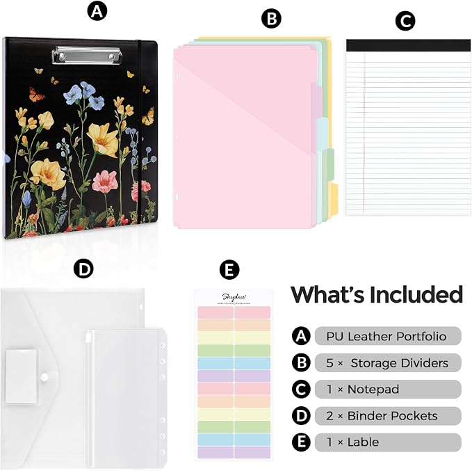 SKYDUE 1 Inch 3-Ring Binder with Clipboard, PU Aesthetic Binder with 5 Dividers, Notepad, Stickers & Pockets for Work and School (Letter Size)