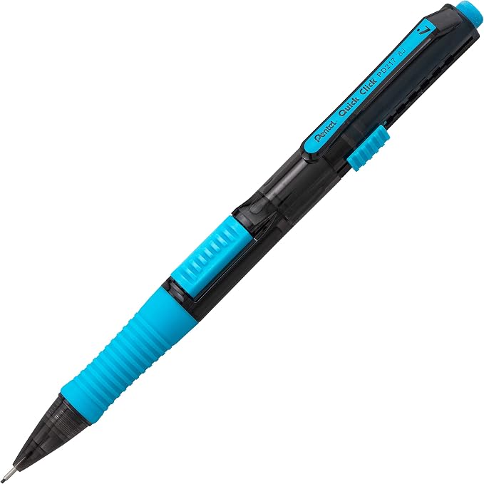 Pentel QUICK CLICK Pop Mechanical Pencil, (0.7mm) Medium 2B Lead, Black Barrel w/Sky Blue Trim Box of 12 (PD217AS)