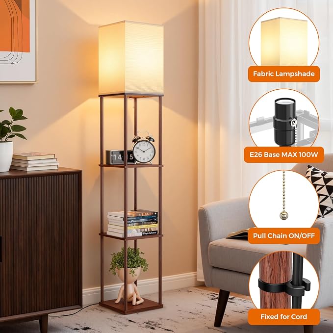 Floor Lamp with Shelves, 3-Tier Modern Square Bookshelf Standing Lamp Brown | 3 Color Temperature Bulb Included, Pull Chain Tall Lamp for Living Room Bedroom Corner Office Apartment Decor