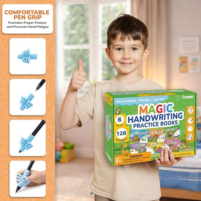 LEOGOR Magic Grooved Writing Practice for Kids - 6 Grooved Writing Books for Kids 3-5 & 6-8 - Disappearing Ink Handwriting Books - Traceable Letters Numbers for Preschool - Reusable Learning Activity