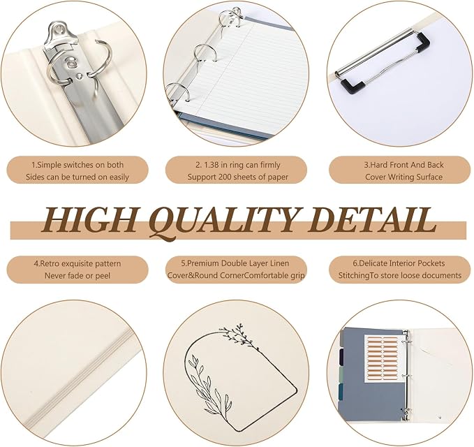 2 Pcs 3 Ring 1 Inch Linen Binder Organizer for 8.5" x 11" Letter Sized Paper Clipboard Binders with Pockets, Tab Dividers, Labels Stickers for School Office Supplies