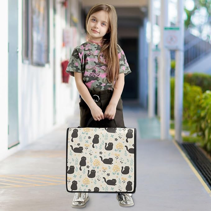 Cute Black Cats and Flowers Zipper Binder with Shoulder Strap Bag 3 Ring Binder Organizer Large Capacity Multiple Compartments for School Office