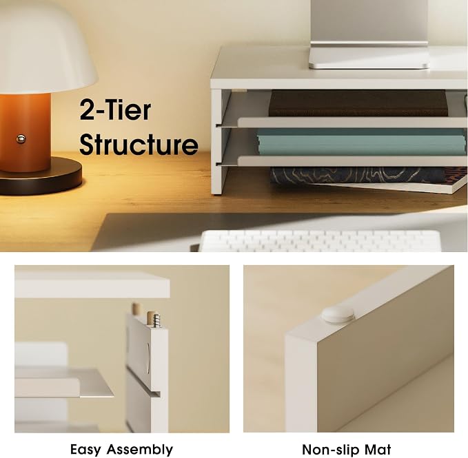 Fenge 14.3-Inch Monitor Stand with Slide-Out Trays, Wood & Metal Desk Shelf | 3-Tier Space-Saving Desk Storage Organizer, Fits Computer, Laptop, Printer and Telephone