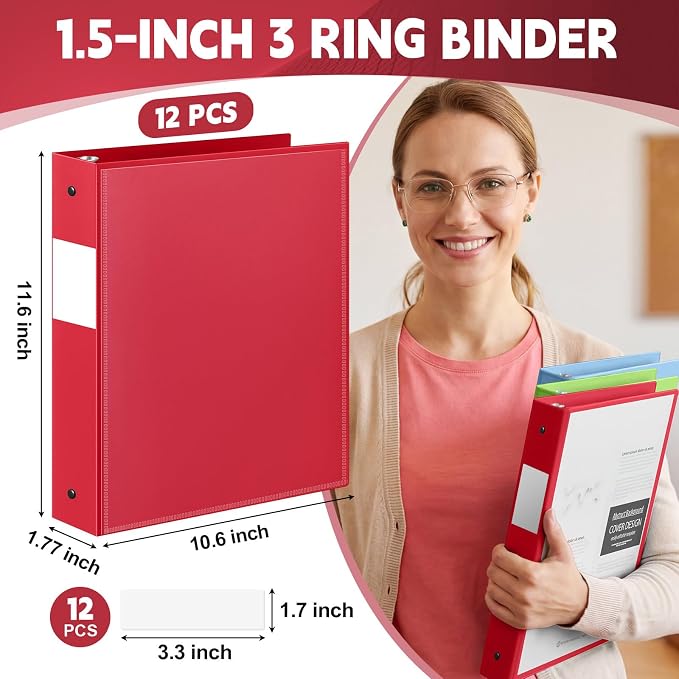Henoyso 1.5 Inch 3 Ring Binders with Clear Front Cover and 2 Pockets, Round Ring Binders Fits 8.5'' x 11'' Letter Size Paper for School Office Supplies, 12 Pack (Assorted Color)
