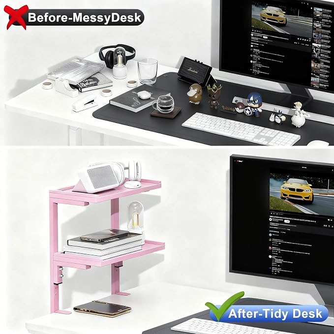 Spacrea Clamp on Desk Shelf, 2 Tier Office Desk Shelves Organizer, Wood Desktop Supplies Storage Rack, Desk Organizers and Accessories (Pink)