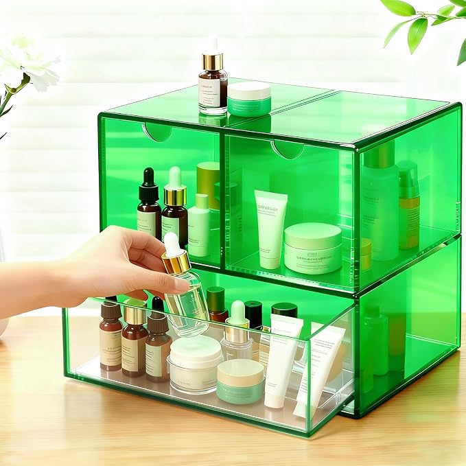 Gelite Desk Organizer with 3 Storage Drawers for Makeup Office Acrylic Desktop Drawer Organizer for Vanity Office Organization and Storage Box, Emerald Green