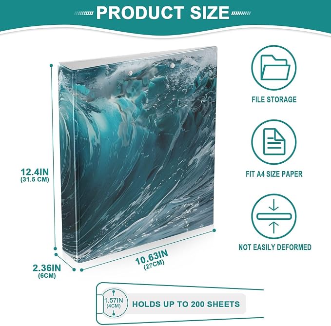 JIPONI 3 Ring Binder Large Ocean Wave 1 Inch Round Binders for Men Women Students, Cute File Organizer for Office School, 1pc