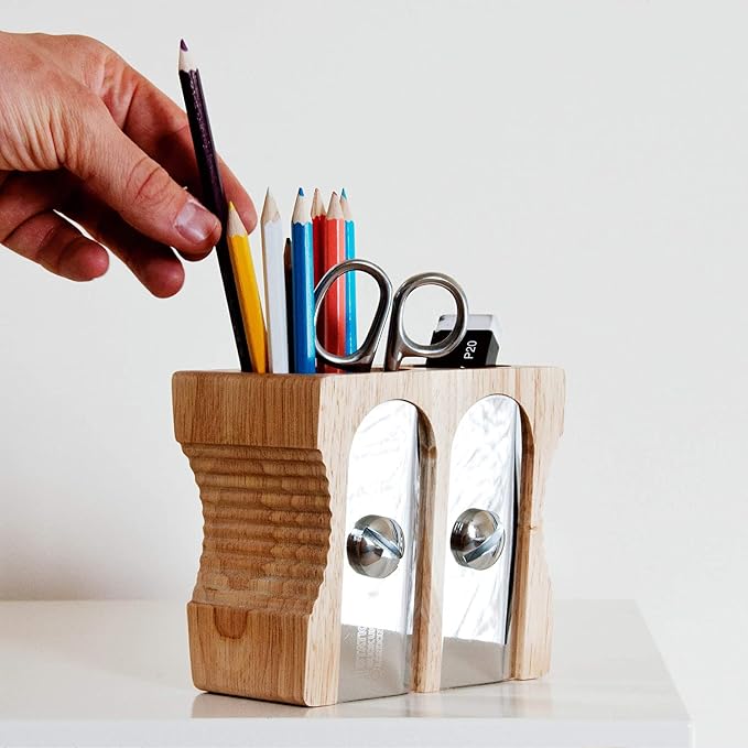 Suck UK Pen Holder - Wooden Pencil Sharpener - Stationary Organiser - Desk Tidy - Quirky Office Desk Accessories - Funny Pencil Pot - Novelty Pen Holder - Vintage Teacher Gifts For Men - Double