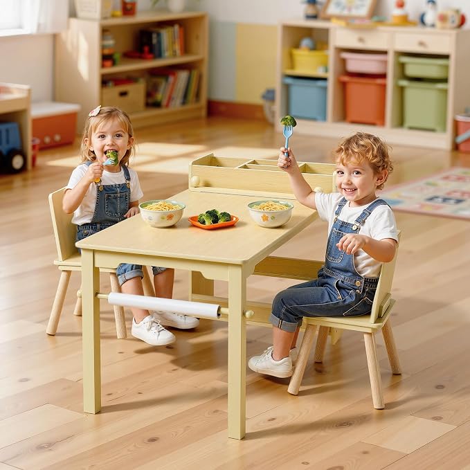 VEVOR Kids Art Table and Chair Set, Toddler Activity Table with Storage, Wood Kids Craft Desk with Paper Roll for Drawing, Reading, Writing, Kid Play Table for Nursery, Playroom, Classroom, Natural