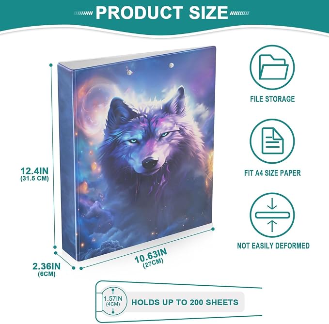 Galaxy Wolf Moon Round Ring Binders 1.5 Inch Space Planet Stars Purple 3 Ring Clipboard Binder for Office School Work Supplies File Folder Document 200 Sheet Capacity Easy Open