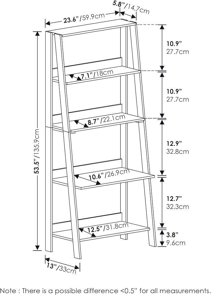 Furinno Ladder Bookcase Display Shelf, 5-Tier, Espresso | 13 x 23.6 x 53.5, Open Frame Design Bookshelf, Display Storage Shelves, for Living Room, Home Office