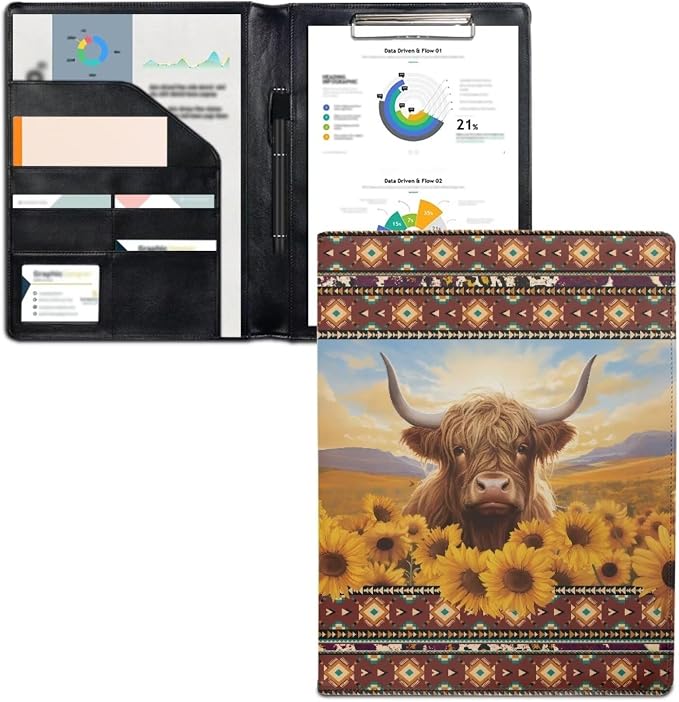 Dreaweet Aztec Highland Cow Padfolio for Women,Portfolio Folder for Letter Size Notepad,Personalized Leather Resume Portfolio Folder Organizer for Interviews/Meeting/Presentations