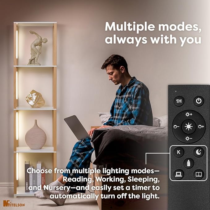 Floor Lamp with Shelves, Modern Shelf Lamp with Remote/APP Control, Standing Lamp for Living Room and Bedroom, 5-Tier Display Shelf with Dimmable Lights, Tall Lamp, White/Natural Wood