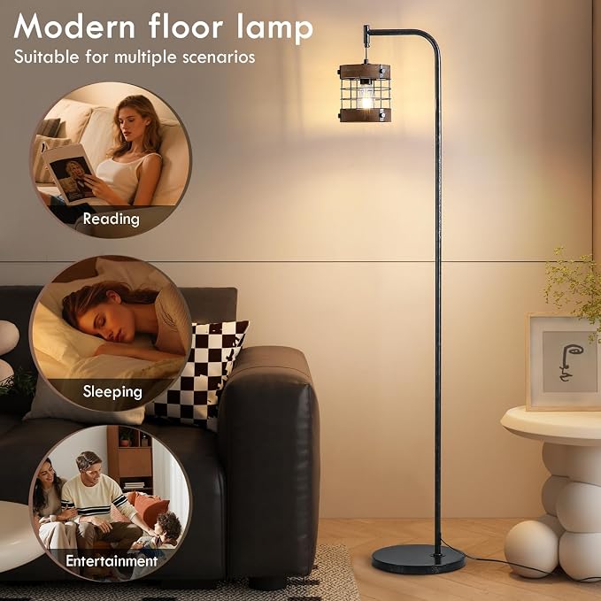 67" Industrial Floor Lamp with Wood & Black Metal Shade, Modern Standing Lamp, Rustic Farmhouse Tall Lamp for Living Room Bedroom Office, 2700K Bulb & Foot Switch Included (BlackSliver+ Wood- FL-2521)