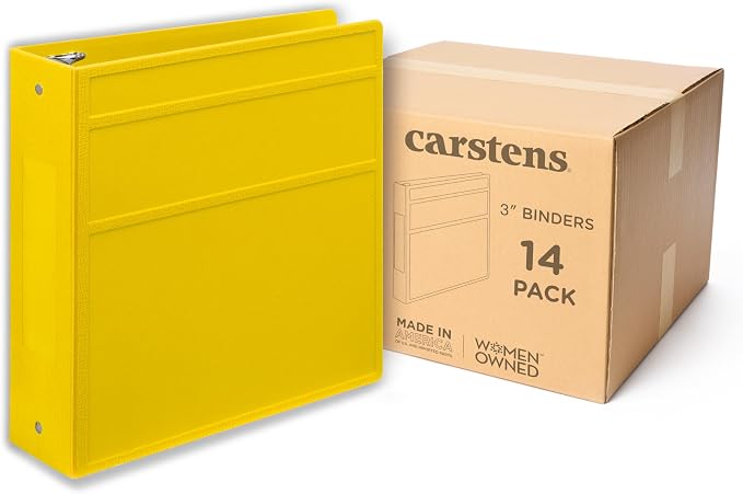 Carstens 3-Inch Heavy Duty 3-Ring Binder - Side Opening, Yellow, Durable Plastic, Precision No-Gap Rings, Waterproof Cover, No Pockets, Holds 400 US Letter Sheets, BPA-Free, Made in USA (1709-3R)
