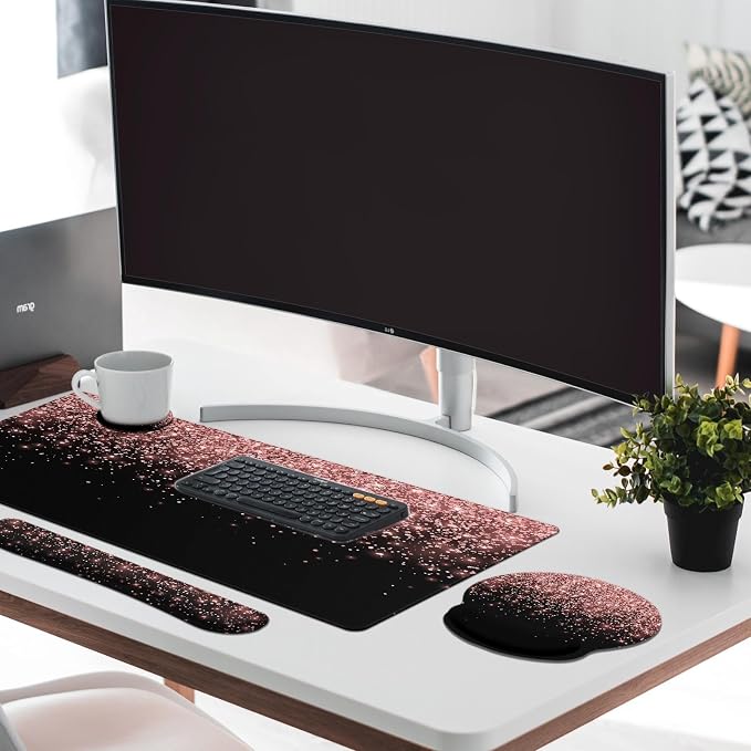 Keyboard Mouse Pad Set, 4 in 1 Desk Mat Set, Pink Rose Gold | Golden Black Large Mousepad+Keyboard Wrist Rest+Mouse Wrist Rest+Coaster Ergonomic Design for Home Office Computer
