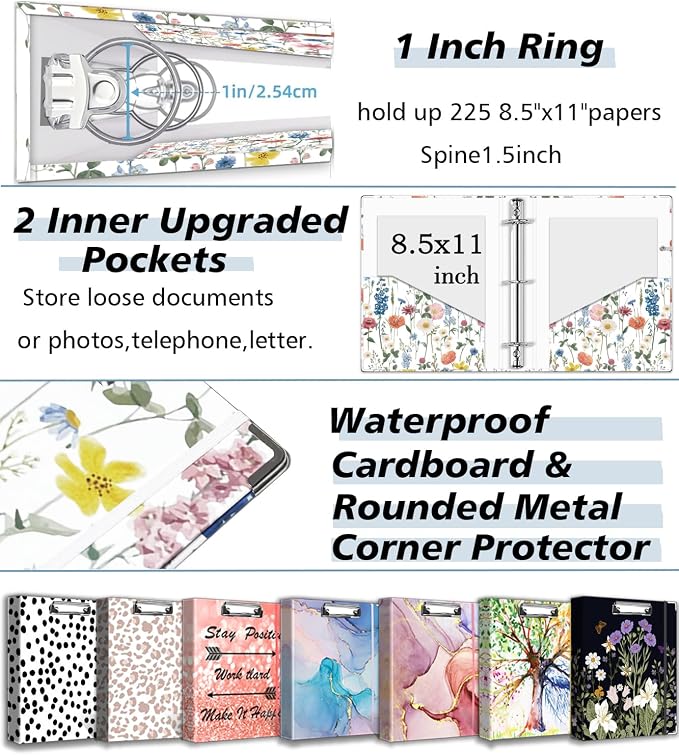 3 Ring Binder 1 Inch, Three Ring Binders Organizer with Clipboard, 5-Tabs Pockets Dividers, Plastic Folder, 18 Divider Stikers, BVSSX Cute Binder with Pen Loop (Blue Bloom, Letter Size)