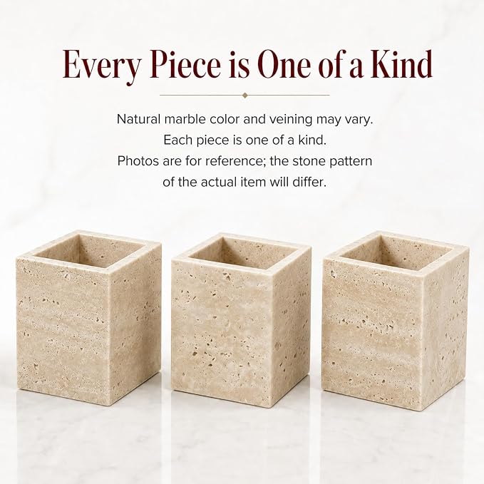 Natural Travertine Desk Organizer Pen Holder | Single Compartment Pencil Cup for Pens, Makeup Brushes, 3.15 x 3.15 x 3.94 in
