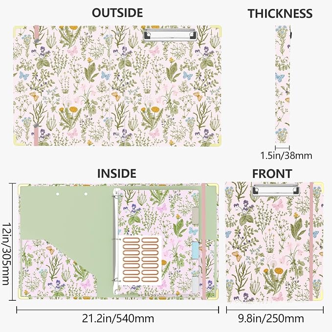 3 Ring Binder 1 Inch, Cute Round Ring Binders with 6 Tab Dividers, Labels Stickers, Low Profile Clipboard with Storage, Fashion Binder School Office Supplies(Wild Flowers)