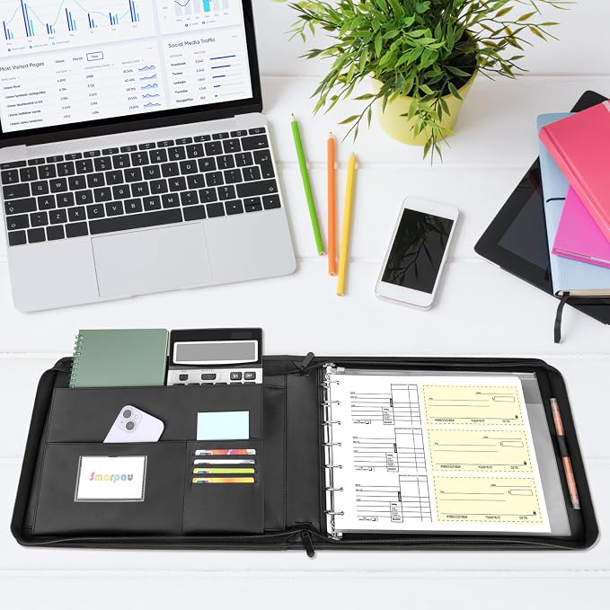 Smarpau Business Checkbook Binder with Zipper Pouch, 7 Ring PU Leather Binder Holds 600 Checks Capacity 9 x 13 Inch Sheet, Portfolio for Executive Office Supplies, Black